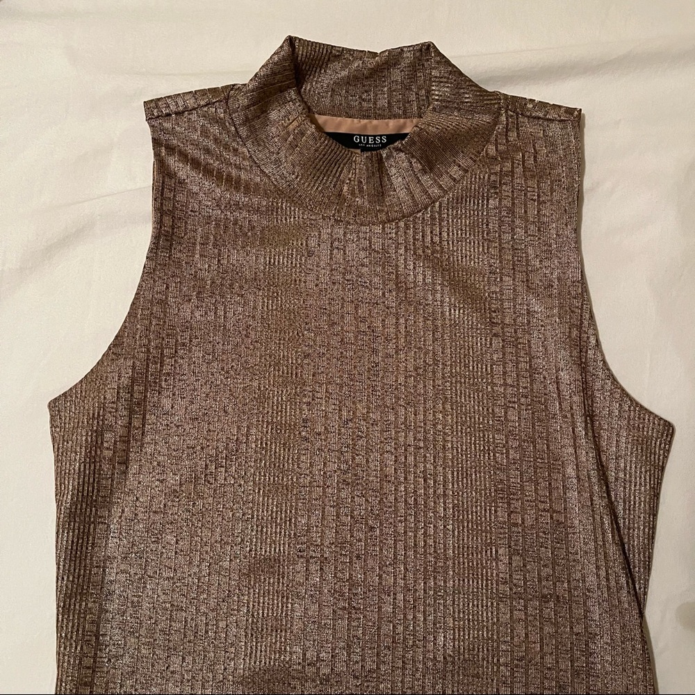 Guess Gold Ribbed Bodycon Mock Neck Shimmer Sparkle Dress Size M